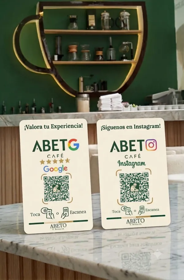 Tarjetas NFC de Abeto sobre una mesa, para reseñas de Google e Instagram