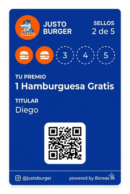 Tarjeta de sellos digital de Justo Burger, creada por Boreas