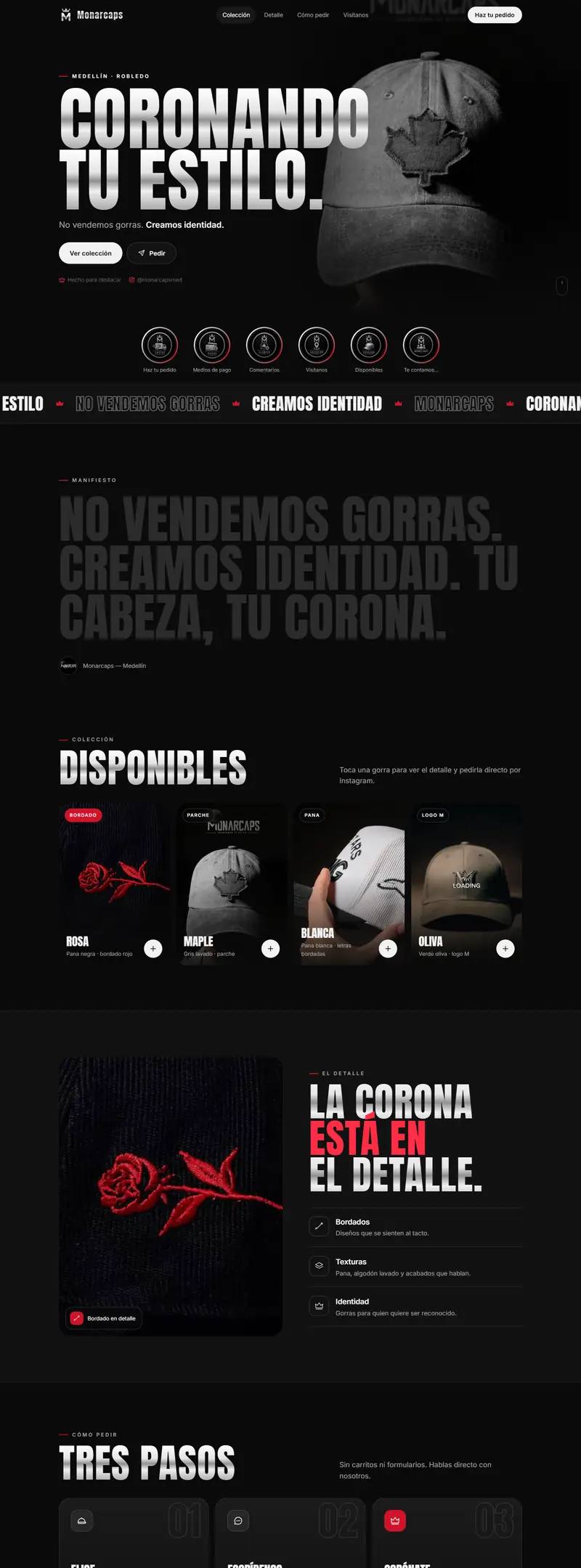 Página web de Monarcaps, marca de gorras de Medellín, desarrollada por Boreas